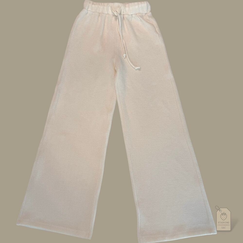 Cream Ribbed Wide-Leg Lounge Pants XS | High-Rise Drawstring Waist